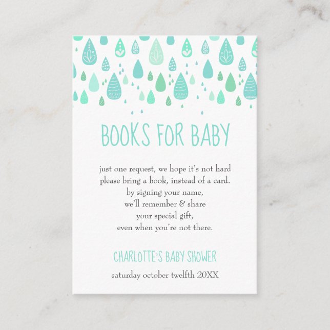 Mint Green Raindrops Book Request Baby Shower Enclosure Card (Front)