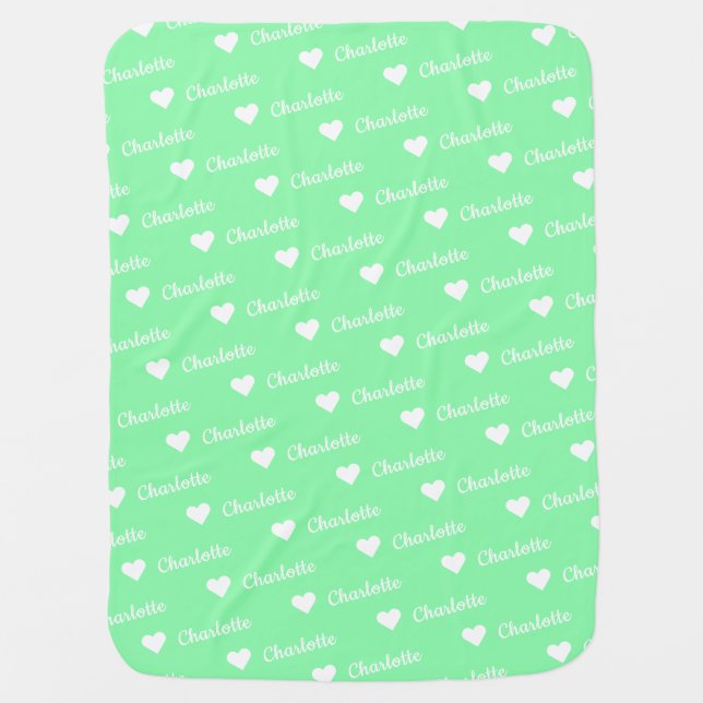 Mint Green Repeating Baby Name Script Heart  Baby Blanket (Front)