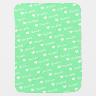 Mint Green Repeating Baby Name Script Heart  Blanket