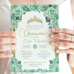 Mint Green Rose Floral Gold Elegant Quinceanera Invitation