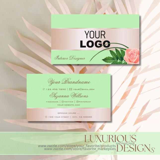 Mint Green Rose Gold Decor Cute Flower with Logo Business Card (Creator Uploaded)