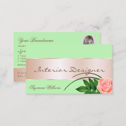 Mint Green Rose Gold Decor Cute Flower with Photo Business Card