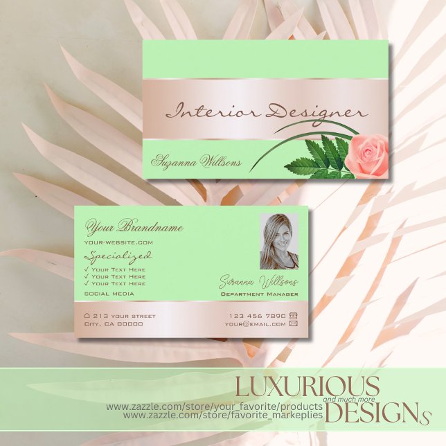 Mint Green Rose Gold Decor Cute Flower with Photo Business Card (Creator Uploaded)