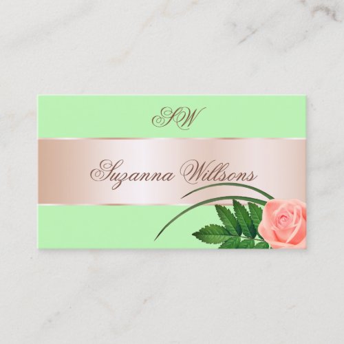 Mint Green Rose Gold Decor Flower with Initials Business Card