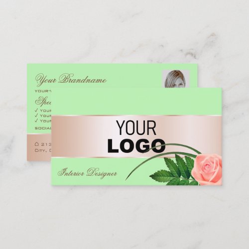 Mint Green Rose Gold Decor Flower with Logo Photo Business Card