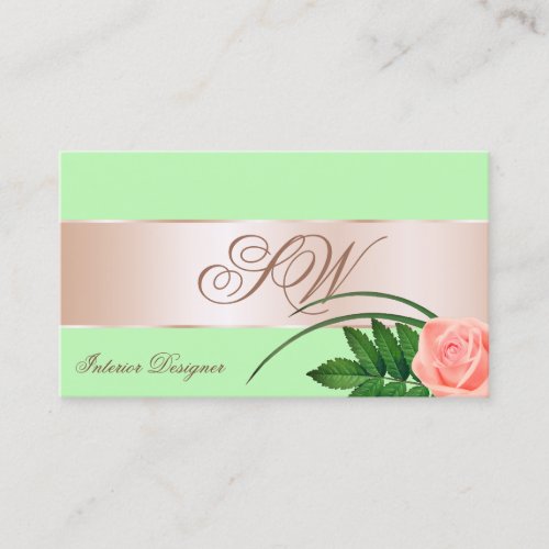 Mint Green Rose Gold Decor Flower with Monogram Business Card