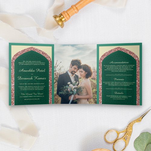 Mint Green Rose Gold Glitter Indian Wedding Tri_Fold Invitation