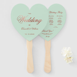 Mint Green Rose Gold Wedding Program Heart  Hand Fan