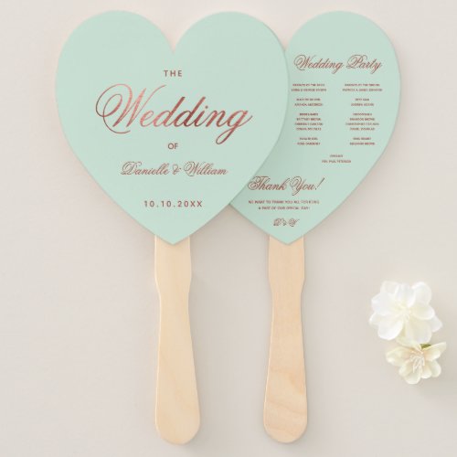 Mint Green Rose Gold Wedding Program Heart  Hand Fan