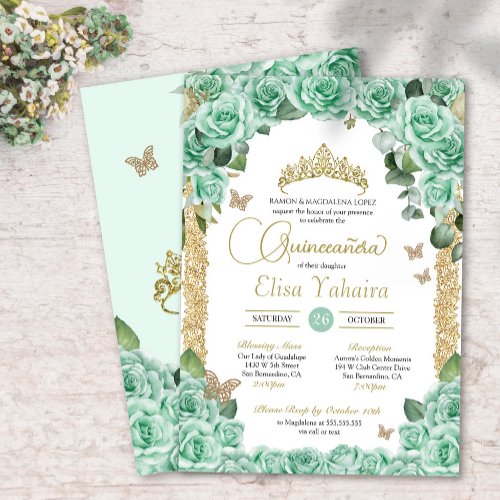 Mint Green Roses  Butterfly Quinceanera Invitation