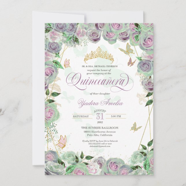  Mint Green Roses Elegant Butterfly Quinceanera In Invitation (Front)