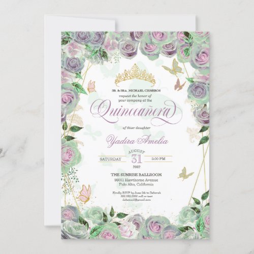  Mint Green Roses Elegant Butterfly Quinceanera In Invitation