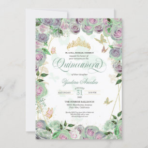 Mint Green Roses Elegant Butterfly Quinceanera Invitation