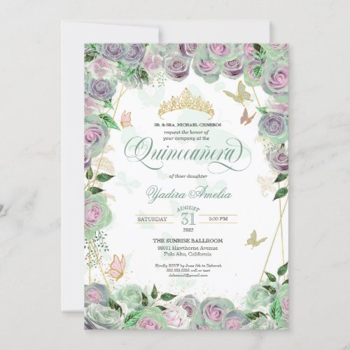  Mint Green Roses Elegant Butterfly Quinceanera Invitation