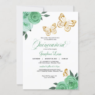 Mint Green Roses Gold Butterfly Quinceañera Floral Invitation