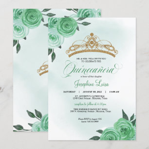 Mint Green Roses Golden Tiara Quinceañera Birthday Invitation