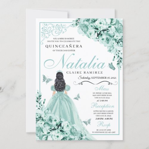 Mint Green Roses Princess Dress Quinceanera Invitation