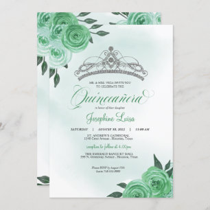 Mint Green Roses Silver Tiara Quinceañera Birthday Invitation