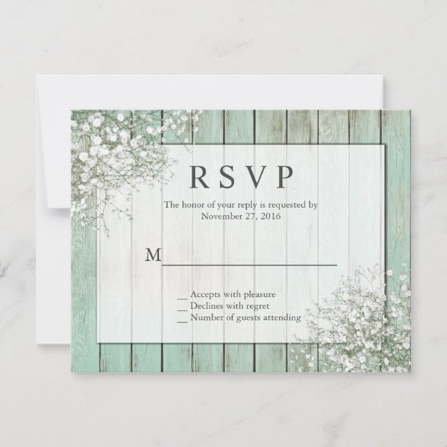 Mint Green Rustic Baby's Breath RSVP Card (Front)