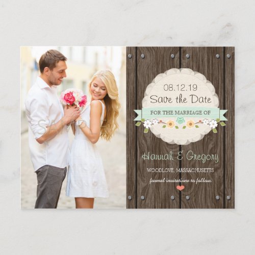 MINT GREEN RUSTIC FLORAL BOHO SAVE THE DATE ANNOUNCEMENT POSTCARD