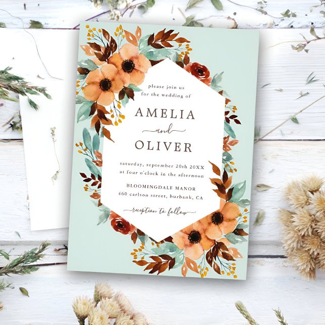 Mint Green Rustic Floral Watercolor Wedding Invitation (Creator Uploaded)