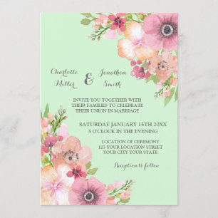 Mint Green Rustic Pink Flowers Wedding Invitations