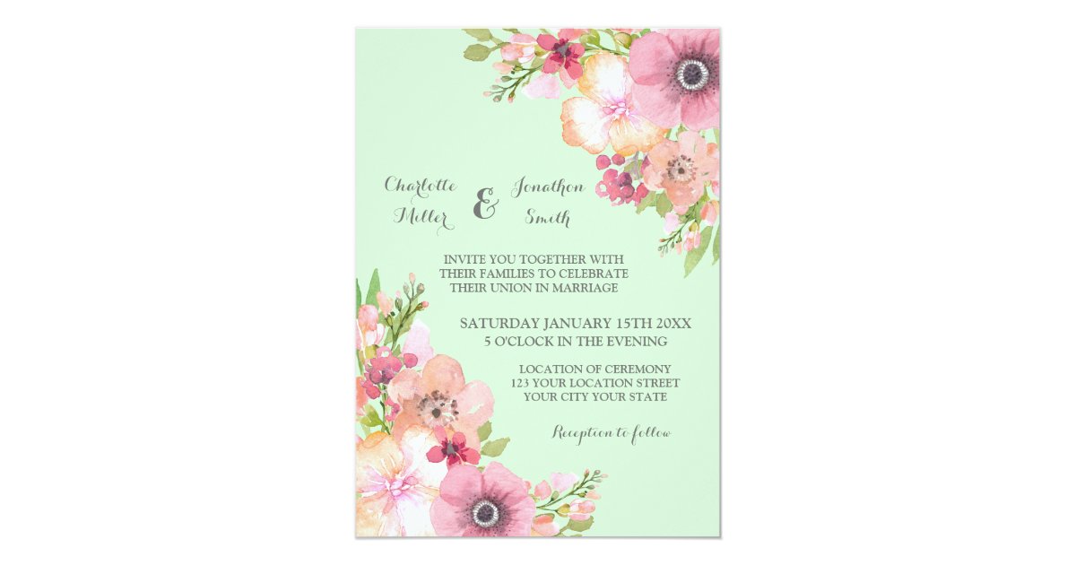 Mint Green Rustic Pink Flowers Wedding Invitations Zazzle Com