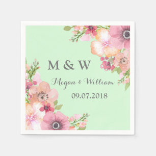 Mint Green Rustic Pink Flowers Wedding Monogram Paper Napkins