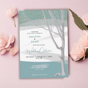 Mint Green Rustic Winter Tree Watercolor Wedding Invitation
