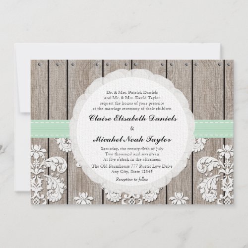 Mint Green Rustic Wood Lace Wedding Invitations