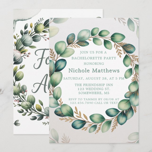 Mint Green & Sage Eucalyptus Bachelorette Party Invitation (Front/Back)