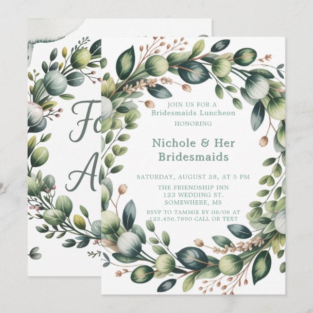 Mint Green & Sage Eucalyptus Bridesmaids Luncheon Invitation (Front/Back)