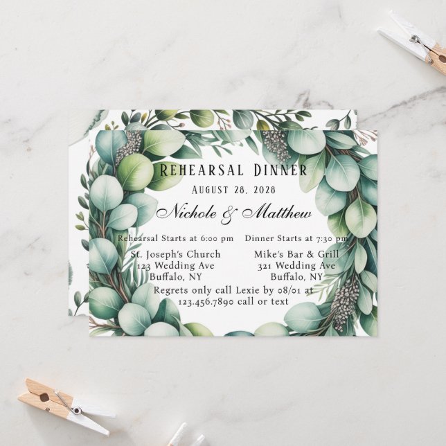 Mint Green & Sage Eucalyptus Rehearsal Dinner Invitation (Front/Back In Situ)