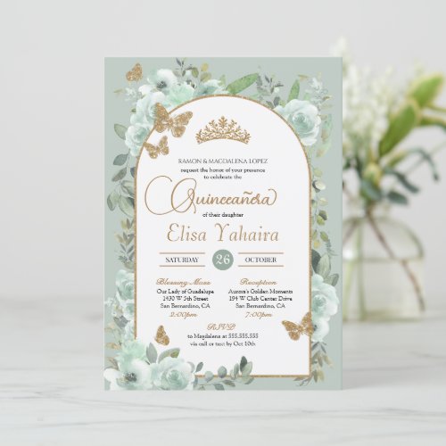 Mint Green Sage Floral Gold Butterfly Quinceaera Invitation