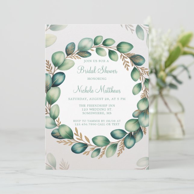 Mint Green & Sage Green Eucalyptus Bridal Shower Invitation (Standing Front)