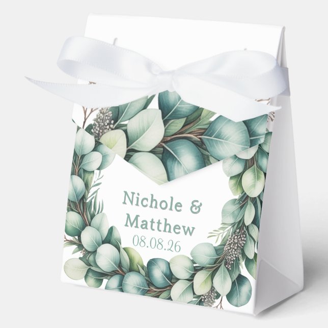 Mint Green & Sage Green Eucalyptus Wedding Favor Boxes (Front)