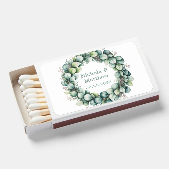 Mint Green & Sage Green Eucalyptus Wedding Matchboxes (Front Open)