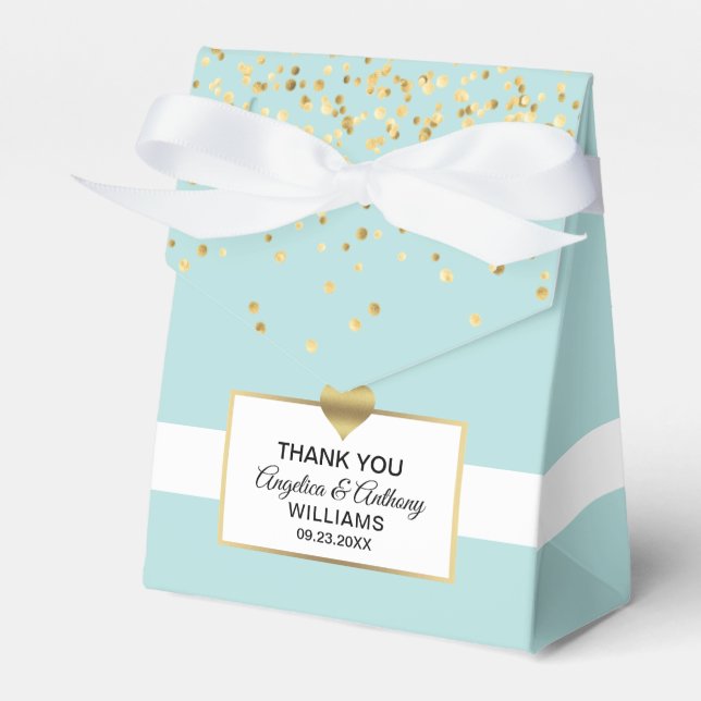 Mint Green Sage White Gold Heart Wedding Favor Boxes (Front Side)