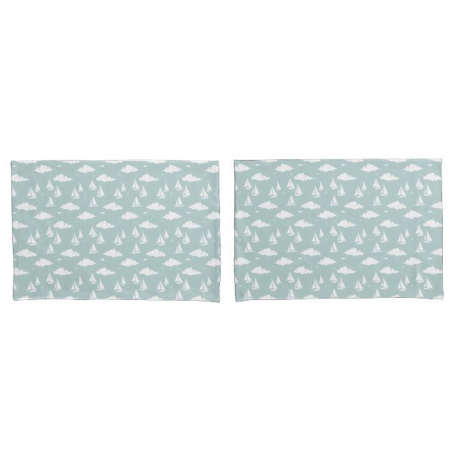 Mint Green Sailboat Pattern Pair of Pillowcases (Front-Set)