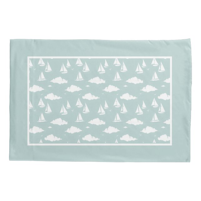 Mint Green Sailboat Pattern Pillow Case (Back)