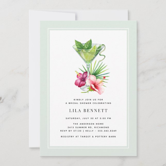 Mint Green Seafoam | Floral Cocktail Bridal Shower Invitation (Front)