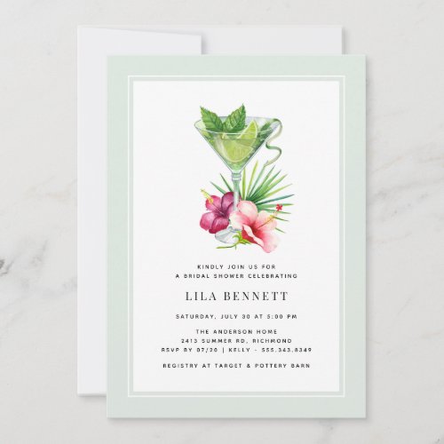 Mint Green Seafoam  Floral Cocktail Bridal Shower Invitation