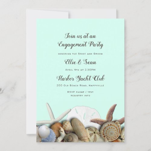 Mint Green Seashells Border Engagement Invitation