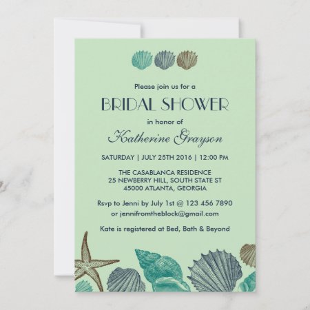 Mint Green Seashells Invitation For Summer Wedding