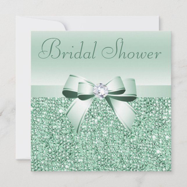 Mint Green Sequins, Bow & Diamond Bridal Shower Invitation (Front)