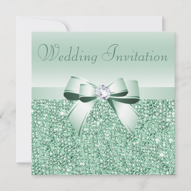 Mint Green Sequins, Bow & Diamond Wedding Invitation (Front)