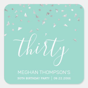 Mint Green Silver Confetti 30th Birthday Square Sticker