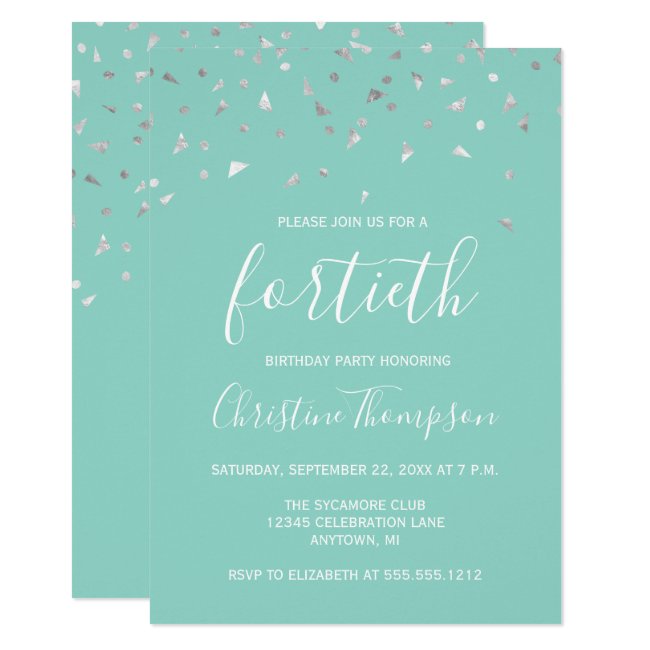 Mint Green Silver Confetti 40th Birthday Party Invitation