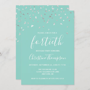 Mint Green Silver Confetti 40th Birthday Party Invitation