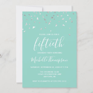 Mint Green Silver Confetti 50th Birthday Party Invitation